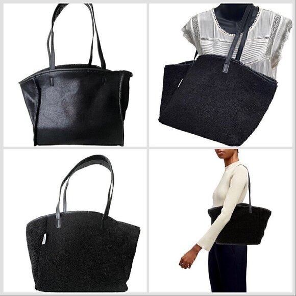 Neiman Marcus Faux Shearling Reversible Vegan Leather Black Tote Bag Women’s - Picture 1 of 12